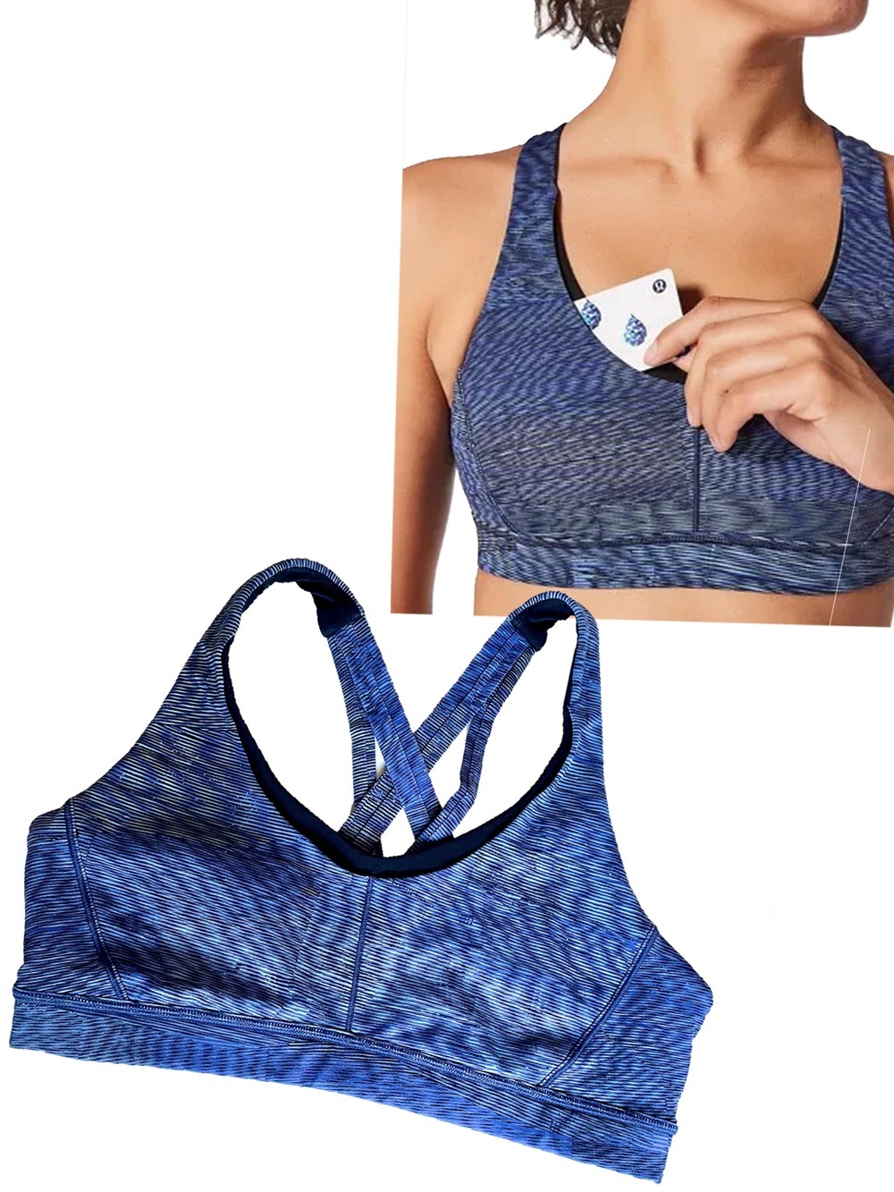 lululemon Stash N’ Run Sports Bra Blue Black Heather Crossback Strappy Sz 8 B/C